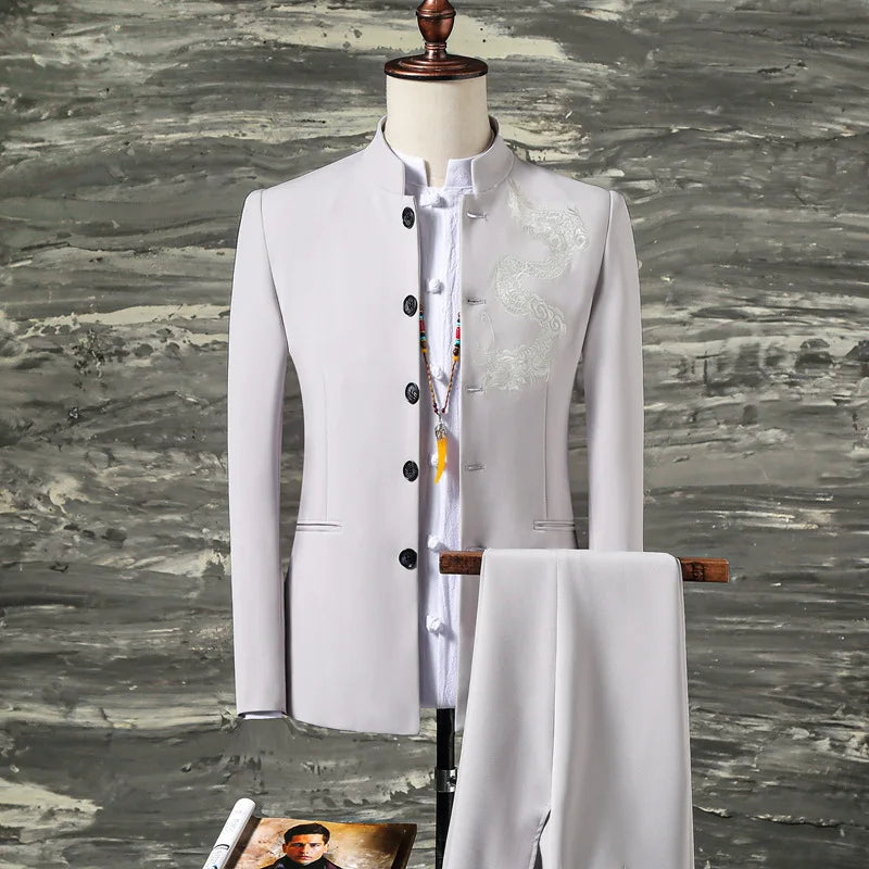 Men's slim fit 2-piece suit by Showlu Fashion with embroidery stand collar blazer and matching pants, stylish and tailored fit.