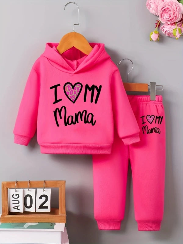 Showlu baby girl fleece hoodie and pants set with letter print, soft and cozy for little ones, featuring a hooded sweatshirt and matching pants.