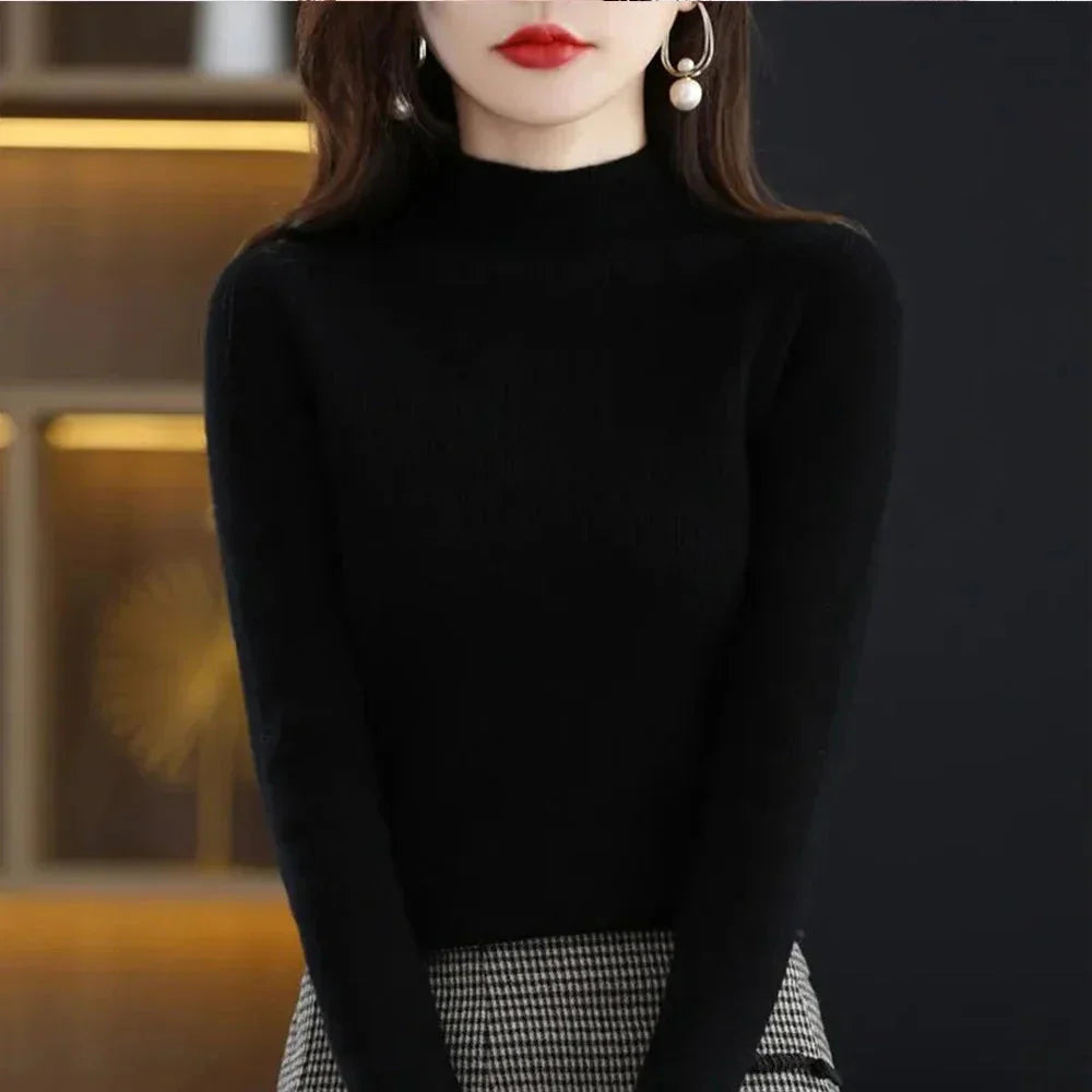 SHOWLU FASHION STORE women's half high collar pleated pullover sweater with slim fit design, showcasing the stylish sweater's details.