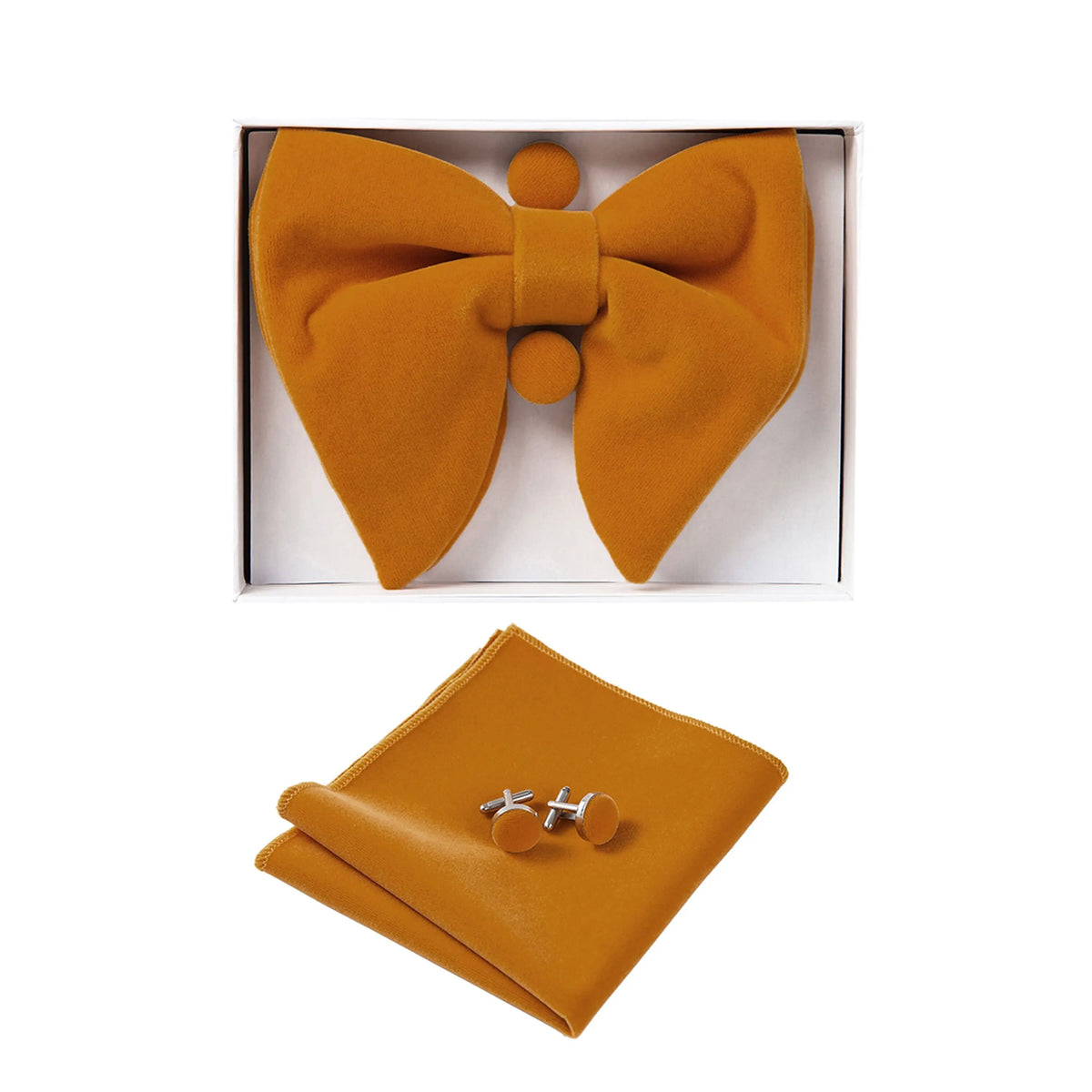 GUSLESON Velvet Big Bow Tie Men's Bowties Pocket Square Cufflinks Set with Gift Box Solid Red Yellow Necktie For Man Wedding
