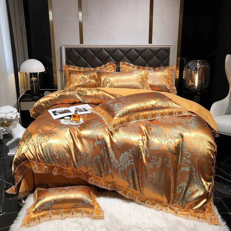 Luxury Euro Gold Satin Jacquard Lace Bedding Set Soft Silky Single Queen King Double Duvet Cover Set Bed Sheet Set Pillowcases
