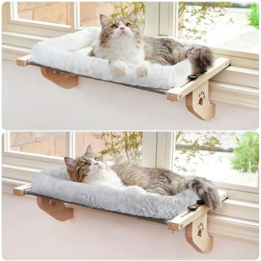 Showlu Cat Window Perch with sturdy wooden frame and cushioned hammock bed for comfortable indoor lounging.