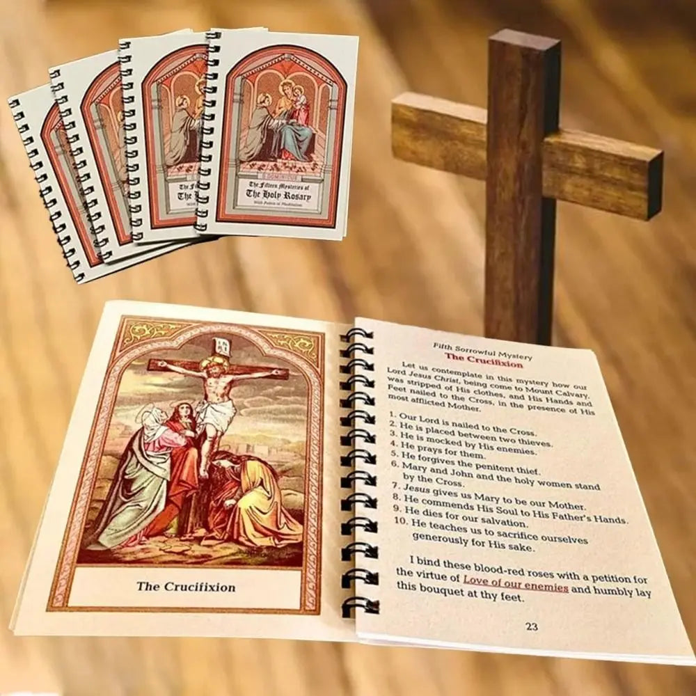 Showlu Fashion Rosary Meditation Prayer Booklet with 42 colorful pages, designed for prayer and reflection.