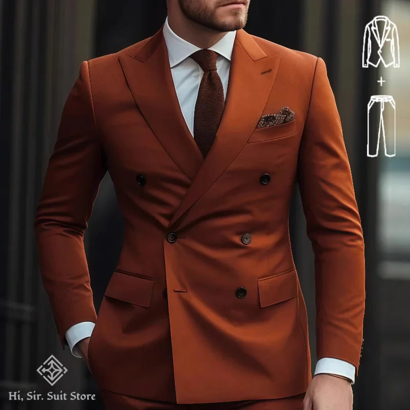 Slim-fit men's double-breasted blazer and dress pants suit set, stylish for weddings, reunions, and formal occasions.