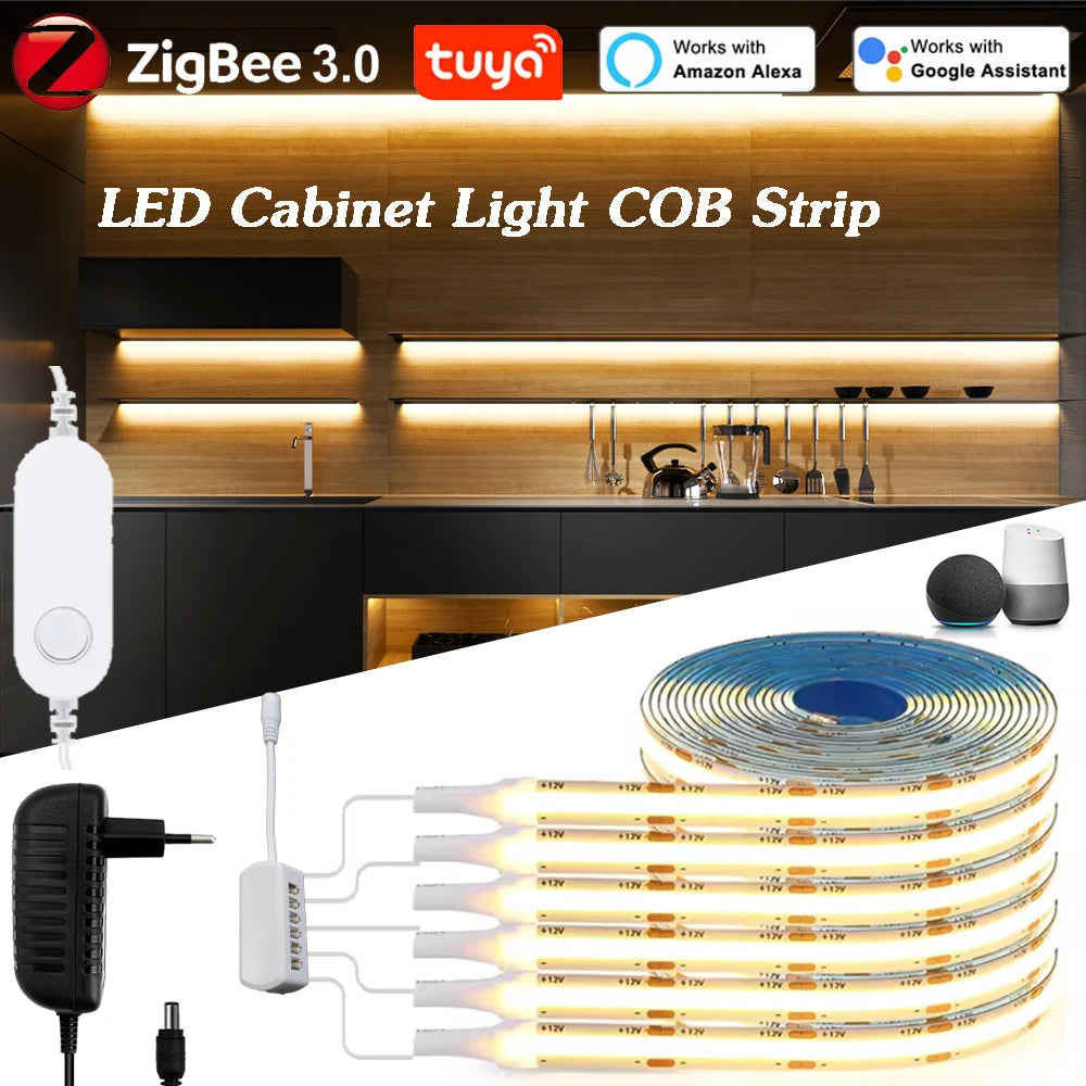 Showlu Smart Zigbee LED strip light kit with voice control, app compatibility, flexible color-changing LED lighting for home decor.