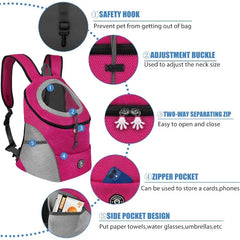 A pink and grey breathable pet backpack carrier with five labeled features for pet travel.