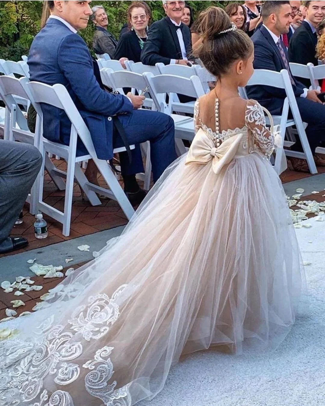 Lace flower girl dress by Showlu Fashion with floral tulle ball gown design, perfect for weddings and special occasions.