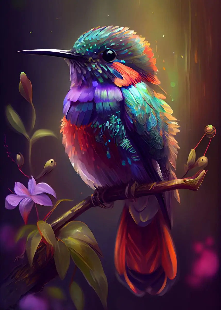 Colorful watercolor hummingbird and flower wall art canvas print, vibrant home decor poster for living room.