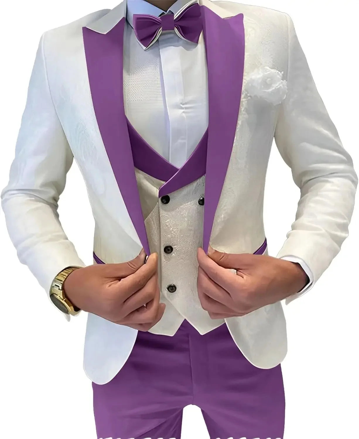 Elegant men's formal suit by Showlu Fashion, featuring a jacquard blazer, vest, and pants with peak lapel for business or wedding.