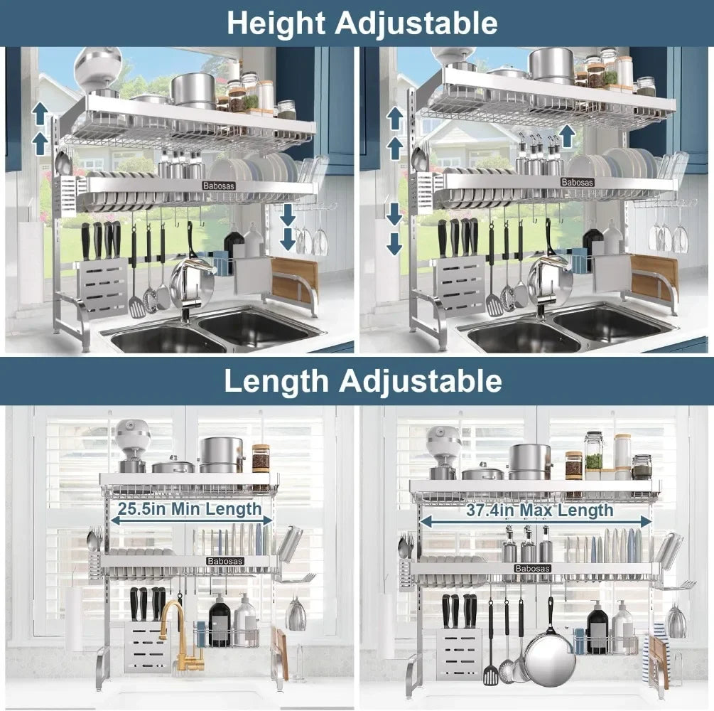 Over The Sink Dish Drainer Drying Rack,3 Tier Adjustable Length (25.5'' to 37.4'') Full Stainless Steel Large Storage Kitchen SHOWLU FASHION STORE