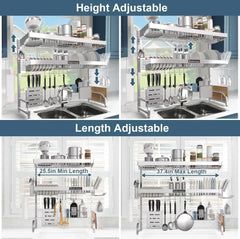 Over The Sink Dish Drainer Drying Rack,3 Tier Adjustable Length (25.5'' to 37.4'') Full Stainless Steel Large Storage Kitchen SHOWLU FASHION STORE