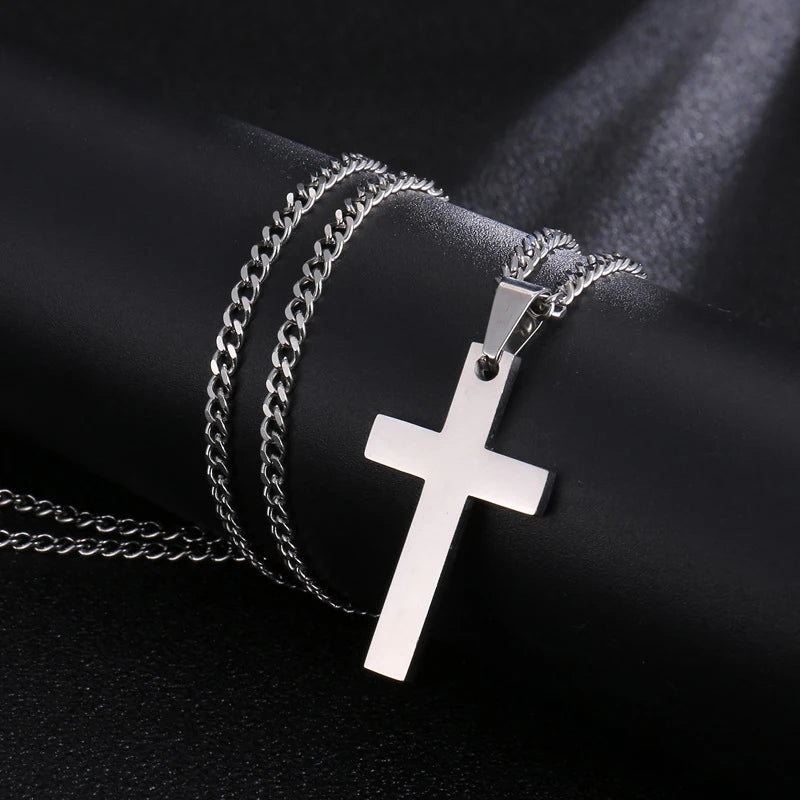 Showlu stainless steel cross pendant necklace featuring punk hip hop link chain, showcasing a bold, stylish jewelry design.