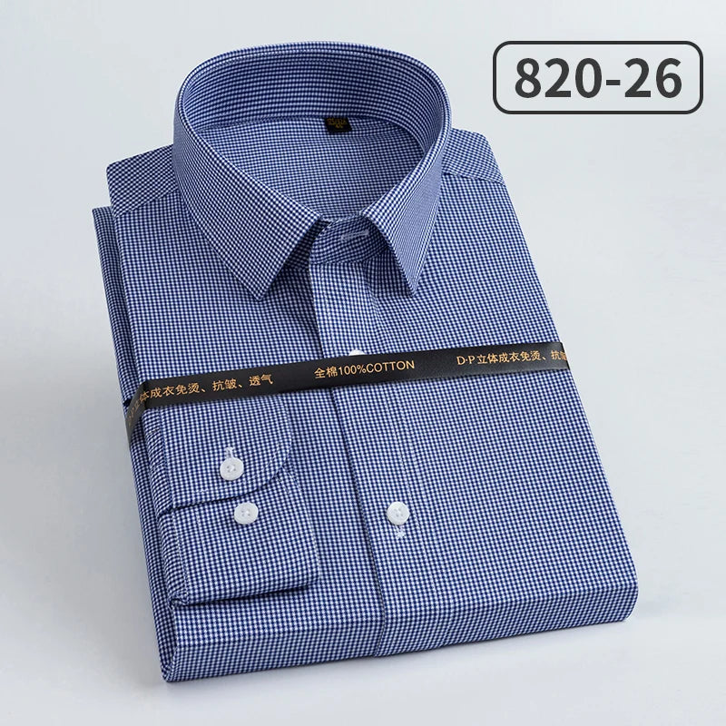 Men's slim fit cotton long sleeve shirt with striped pattern, heterochromatic collar, wrinkle-resistant, high-end luxury design.