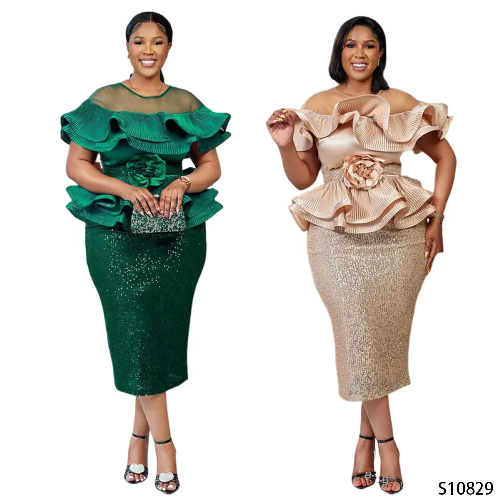 African sequin evening gown with ruffle details, elegant party dress for women, showcasing shimmering sequins and flowing fabric.