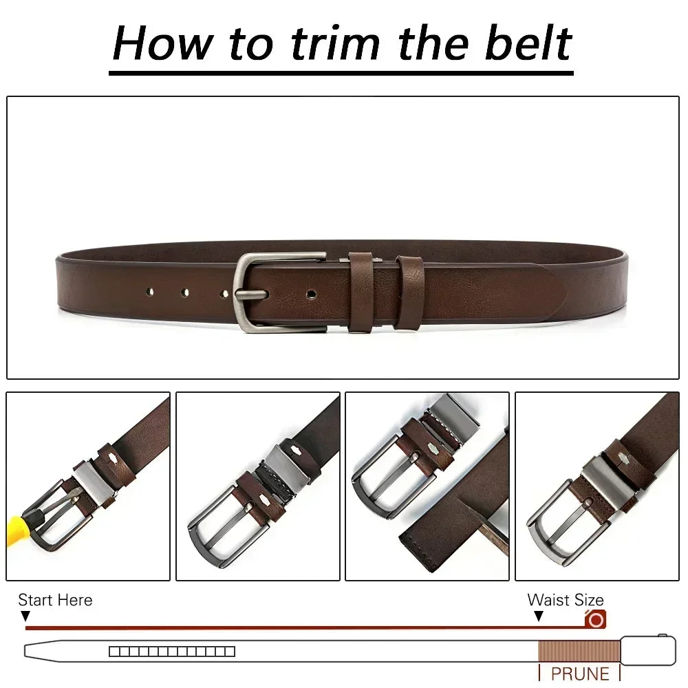 Showlu men's classic leather belt with metal pin buckle, casual and business style, black leather strap with silver buckle.