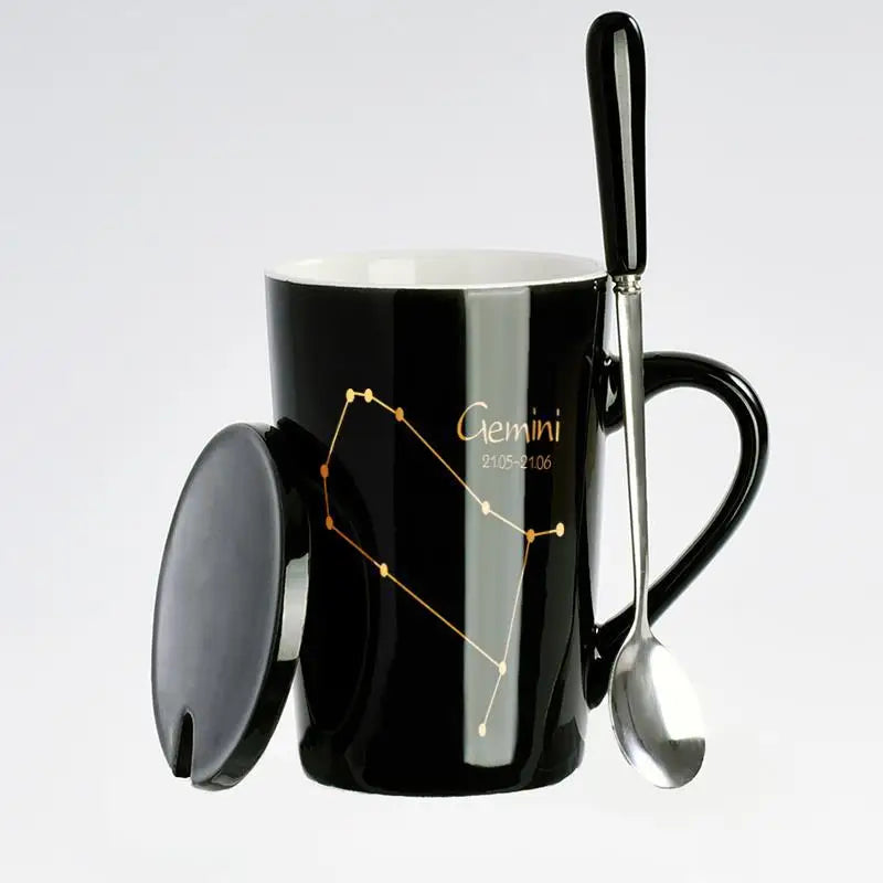 Showlu 12 zodiac signs ceramic coffee mug with lid and spoon, black color, featuring zodiac symbols on the surface.