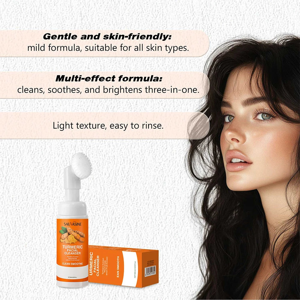 Turmeric Cleanser facial foam with lemon fruit extract, includes brush for brightening and moisturizing daily skin care.