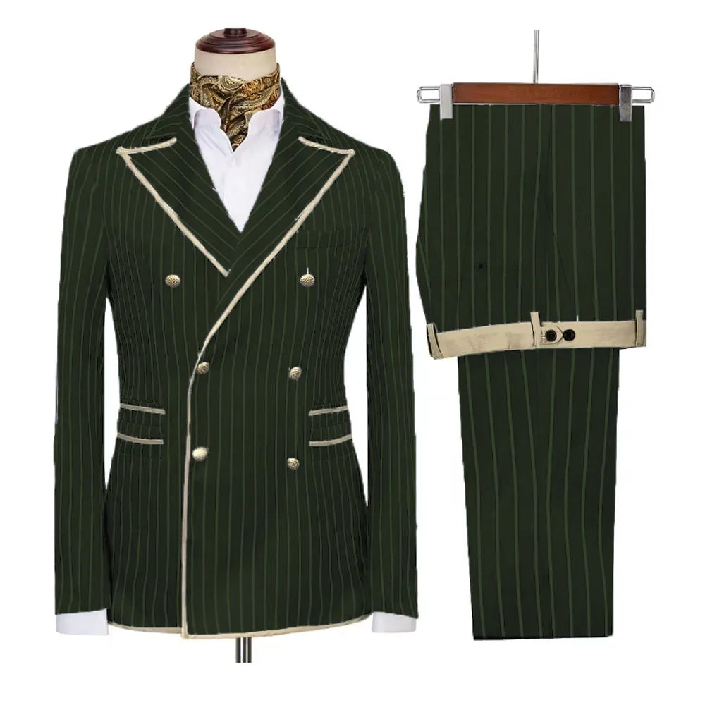 Showlu Fashion striped men's double-breasted suit with peak lapel, blazer and pants, slim fit, ideal for formal or smart casual wear.