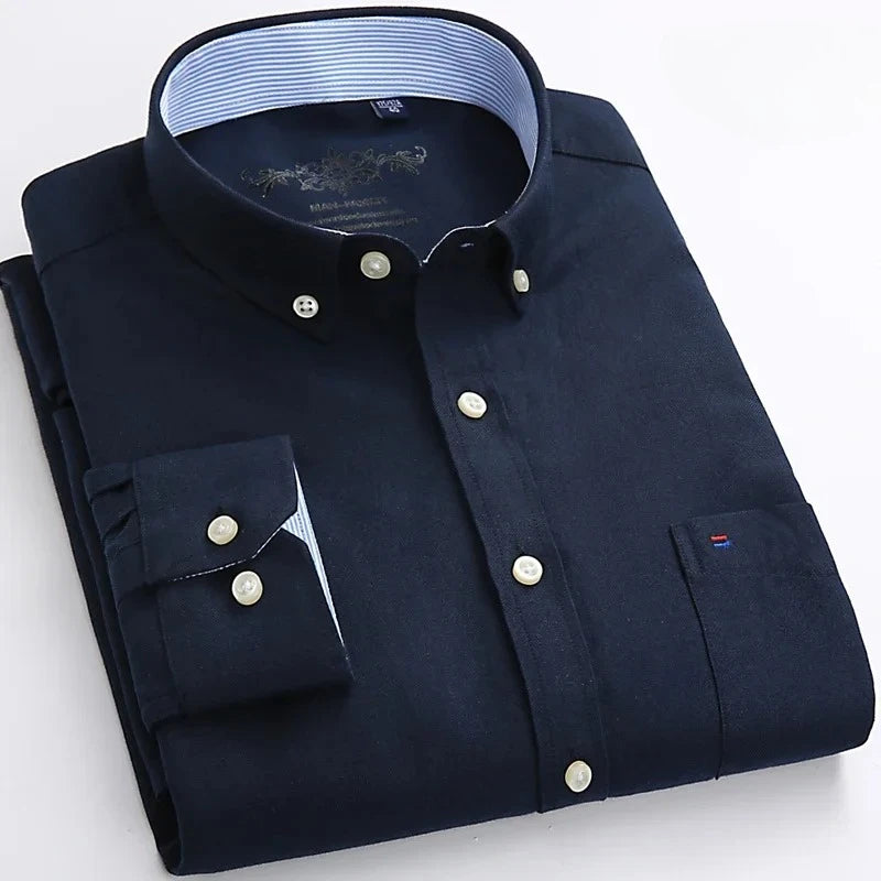 Men's long sleeve plaid and solid color cotton casual dress shirt in size 6XL, Showlu Fashion with regular fit and oversized style.