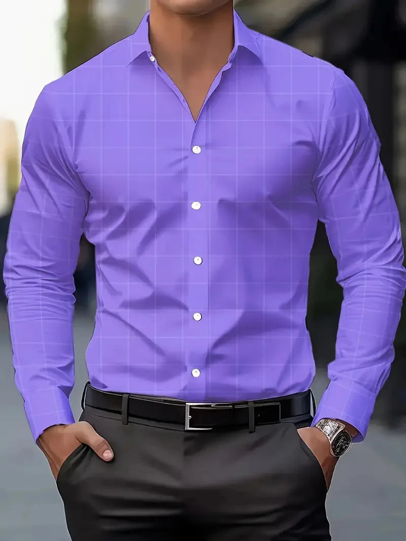 Men's long-sleeve checkered collar shirt with spring casual design, comfortable color-blocked top from Showlu Fashion Store.