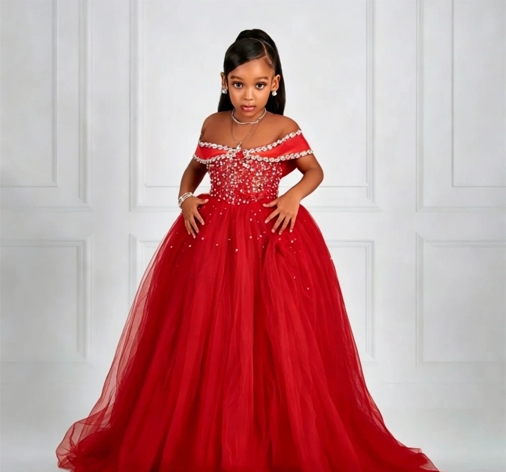 Luxury Customized Off Shoulder Flower Girl Dresses for Wedding Beading Tulle Floor Lenght Girls Birthday First Communion Gown