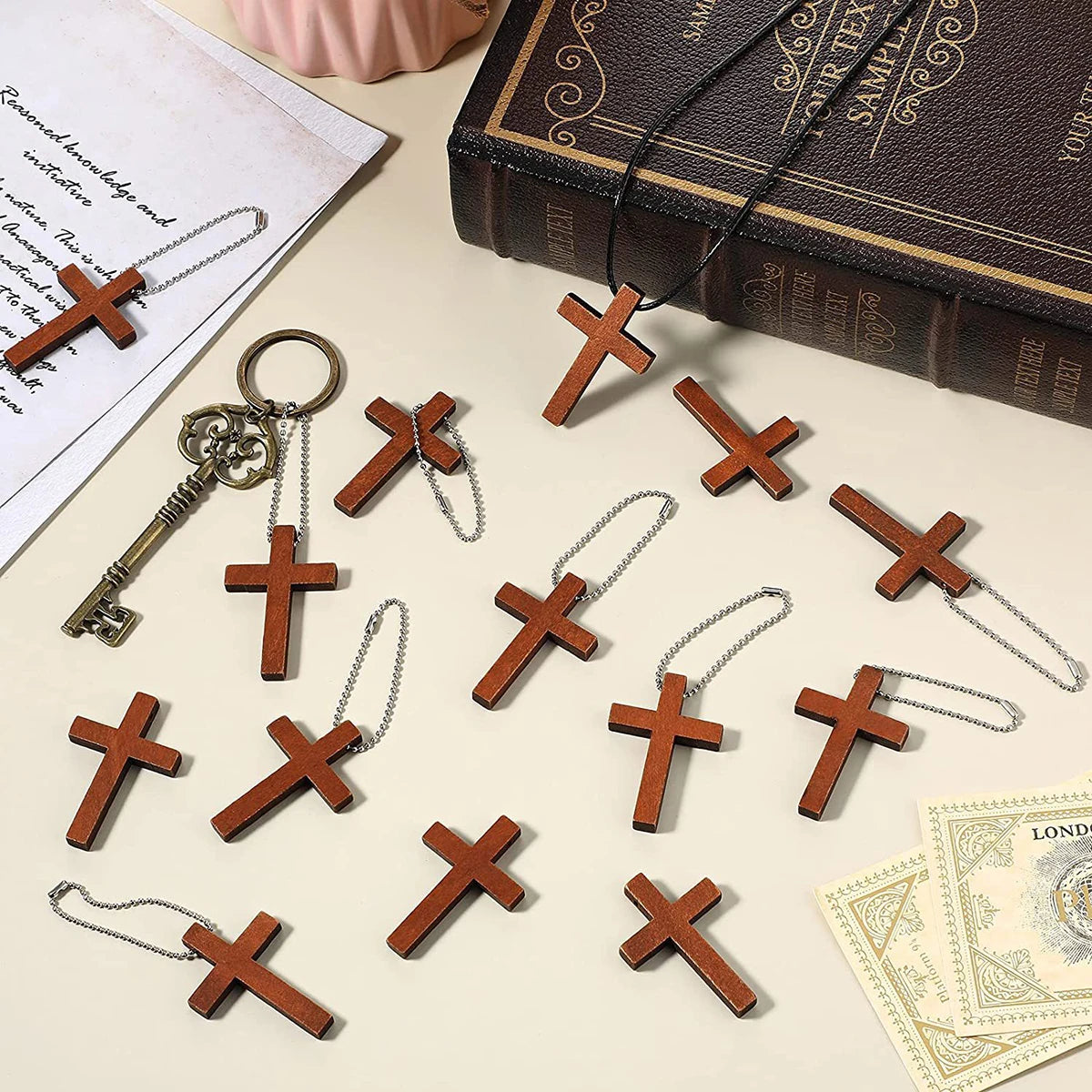 Set of 10/20/30/40 handmade wooden Christian cross ornaments for scrapbooking and home decoration, featuring natural wood finish.