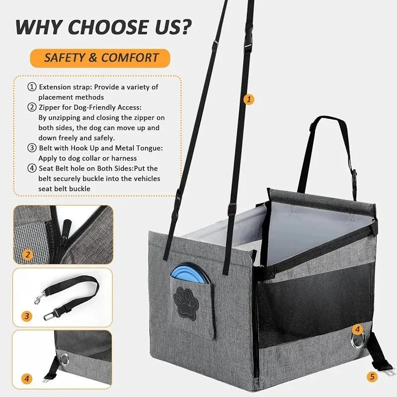 Waterproof nylon dog car seat with mesh sides by Showlu Fashion Store, portable pet carrier for safe travel with pets.