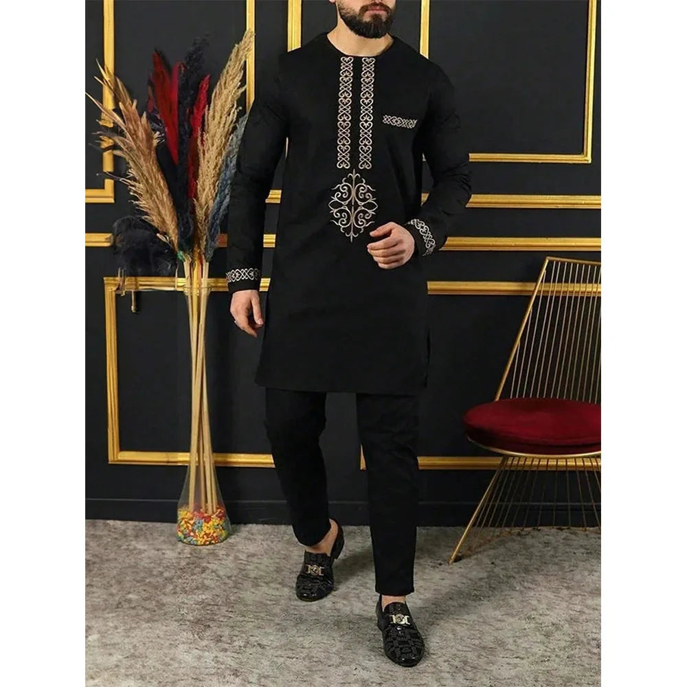 SHOWLU FASHION men's striped two-piece suit with formal cotton blend fabric, featuring a tailored jacket and matching trousers.
