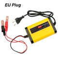 Showlu 3-Stage Automatic Car Battery Charger with digital LCD display, compact design for automotive battery maintenance
