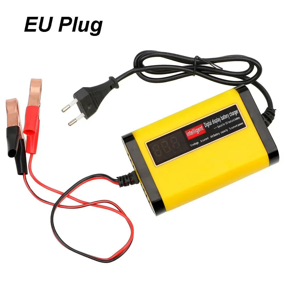 Showlu 3-Stage Automatic Car Battery Charger with digital LCD display, compact design for automotive battery maintenance