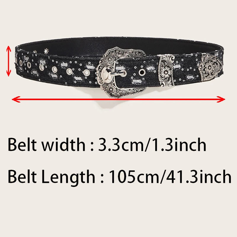 Women's retro casual rhinestone buckle belt with ripped denim style, versatile punk rock fashion accessory by Showlu Fashion.
