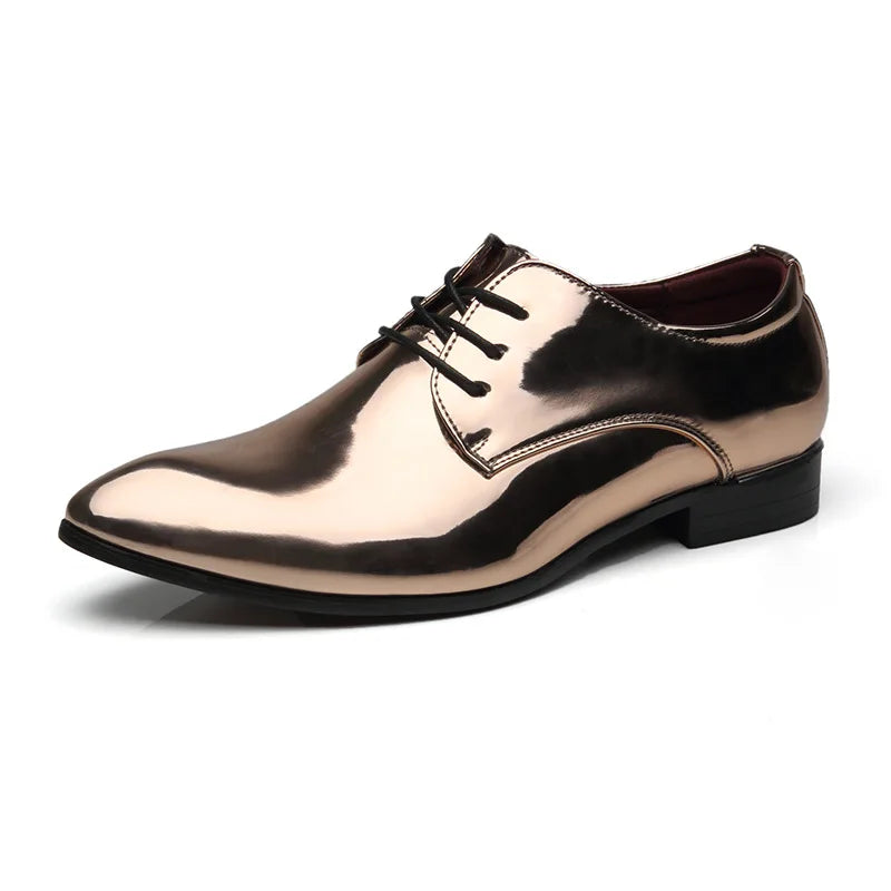 Men's patent leather Oxford dress shoes by Showlu Fashion, pointed toe wedding shoes, sleek black formal footwear for men