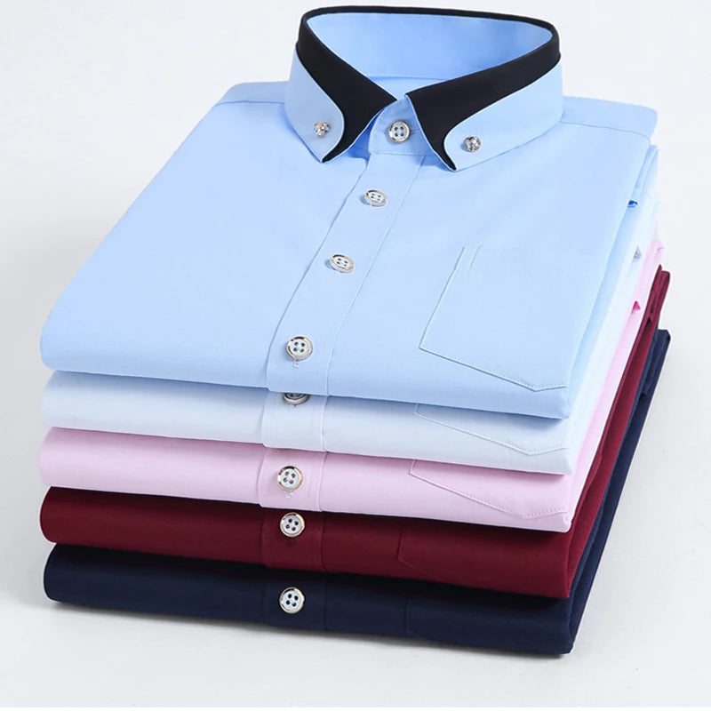 Showlu men's slim fit long sleeve white cotton business shirt laid flat, showcasing classic collar and tailored fit.