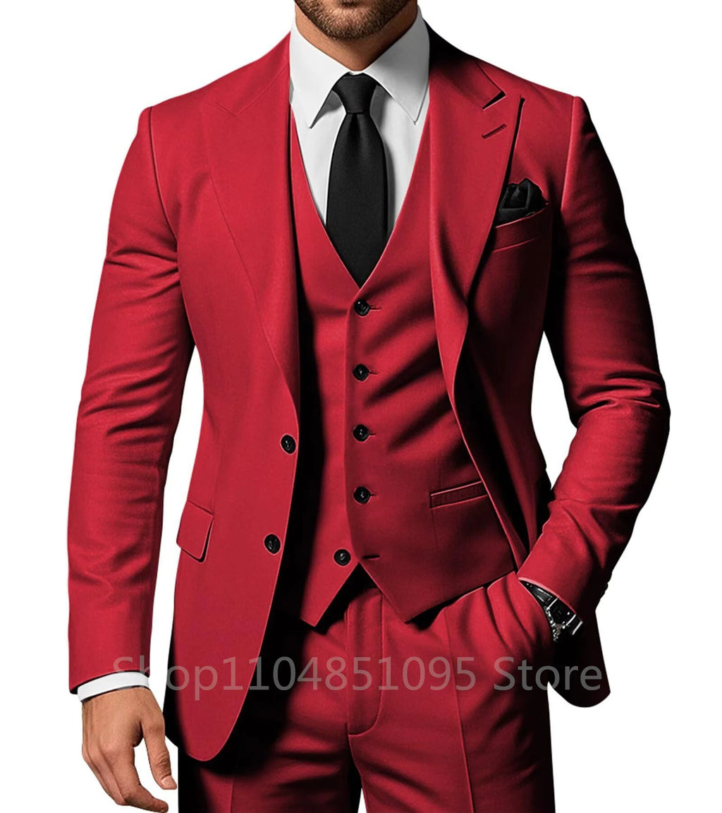 Solid men's wedding tuxedo suit set with peak lapel jacket, pants, and vest, perfect for formal events and prom by Showlu Fashion.