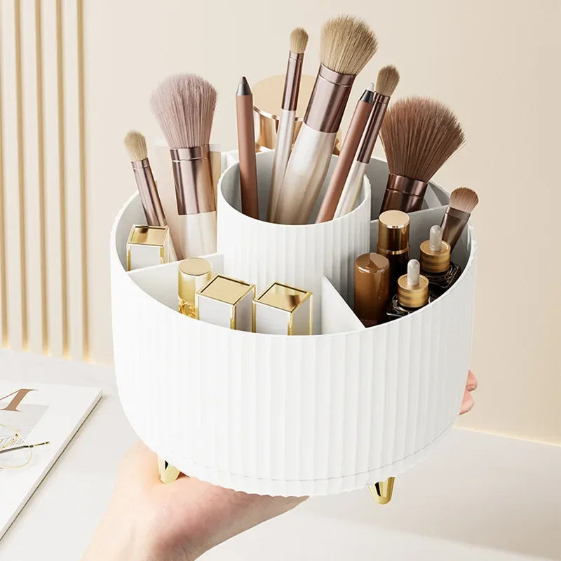 Showlu Smart 360° rotatable makeup and jewelry storage box with five compartments for organizing cosmetics and accessories.