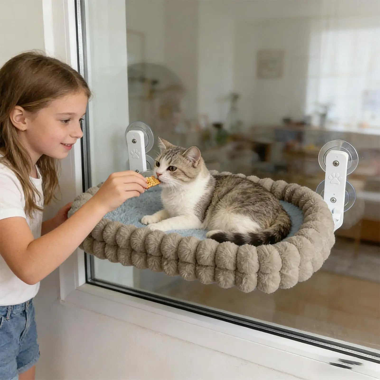 Foldable Showlu cat window perch with plush double-sided hammock, perfect for kittens and cats to relax and enjoy window views.
