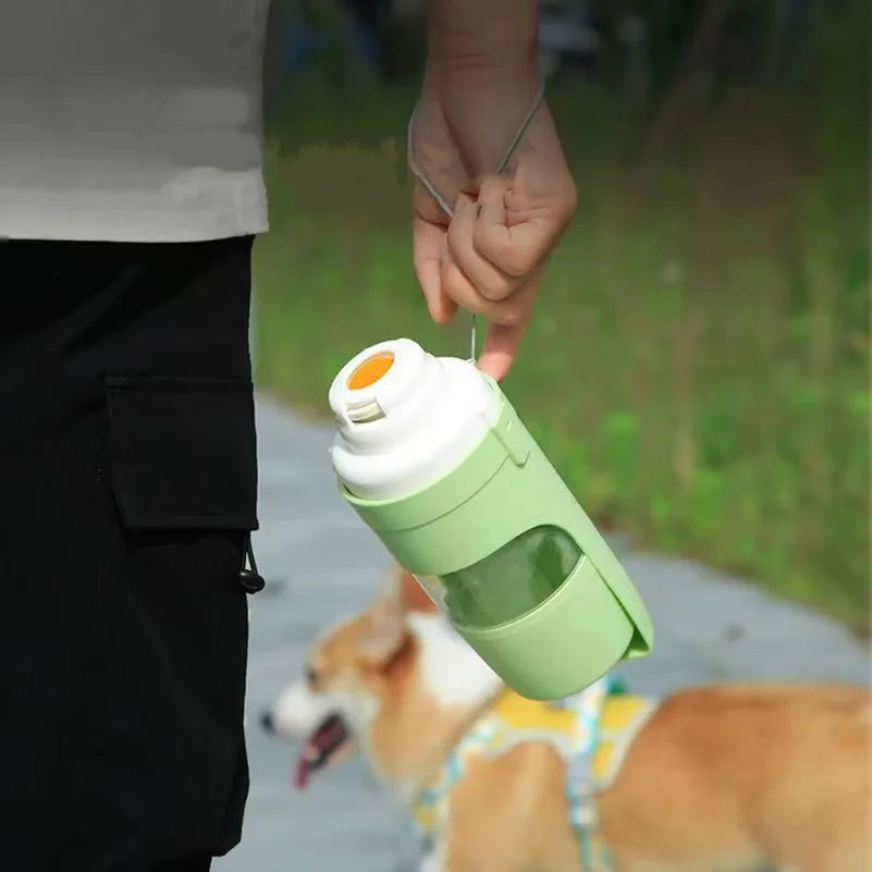 Showlu Portable Dog Water Bottle with 500ml capacity, travel pet feeder and food container, compact and convenient for pet on the go.