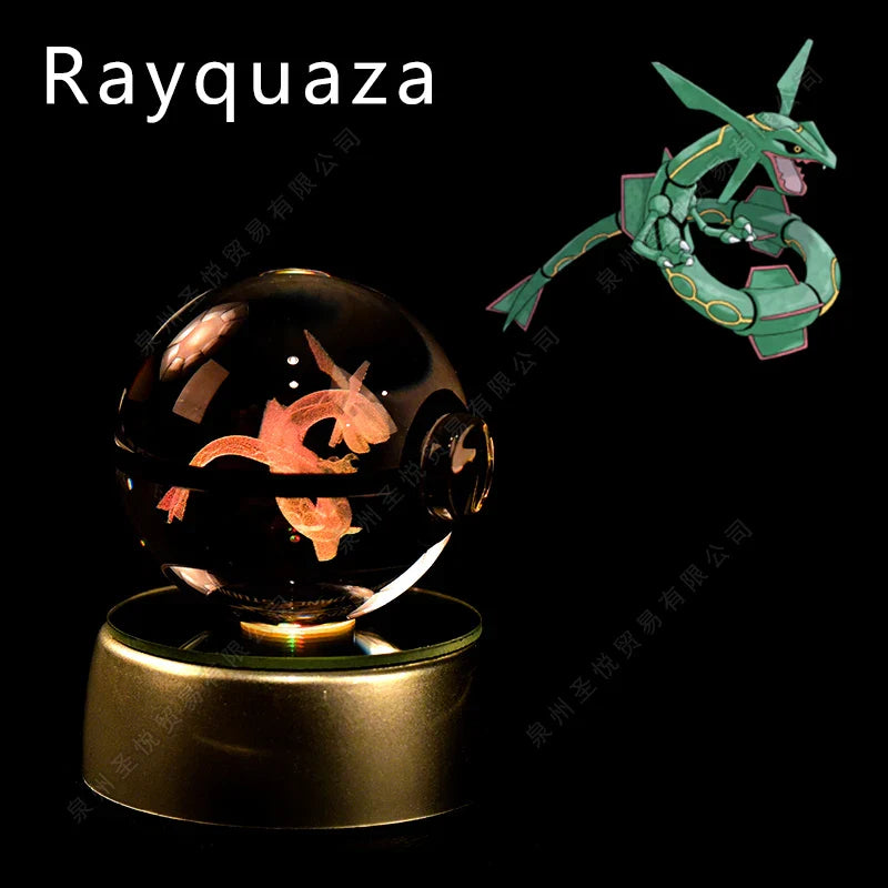 Pokemon 3D Crystal Ball Night Light by Miniso, LED glass Pokeball lamp with Pokémon design illuminating softly in a dark setting.