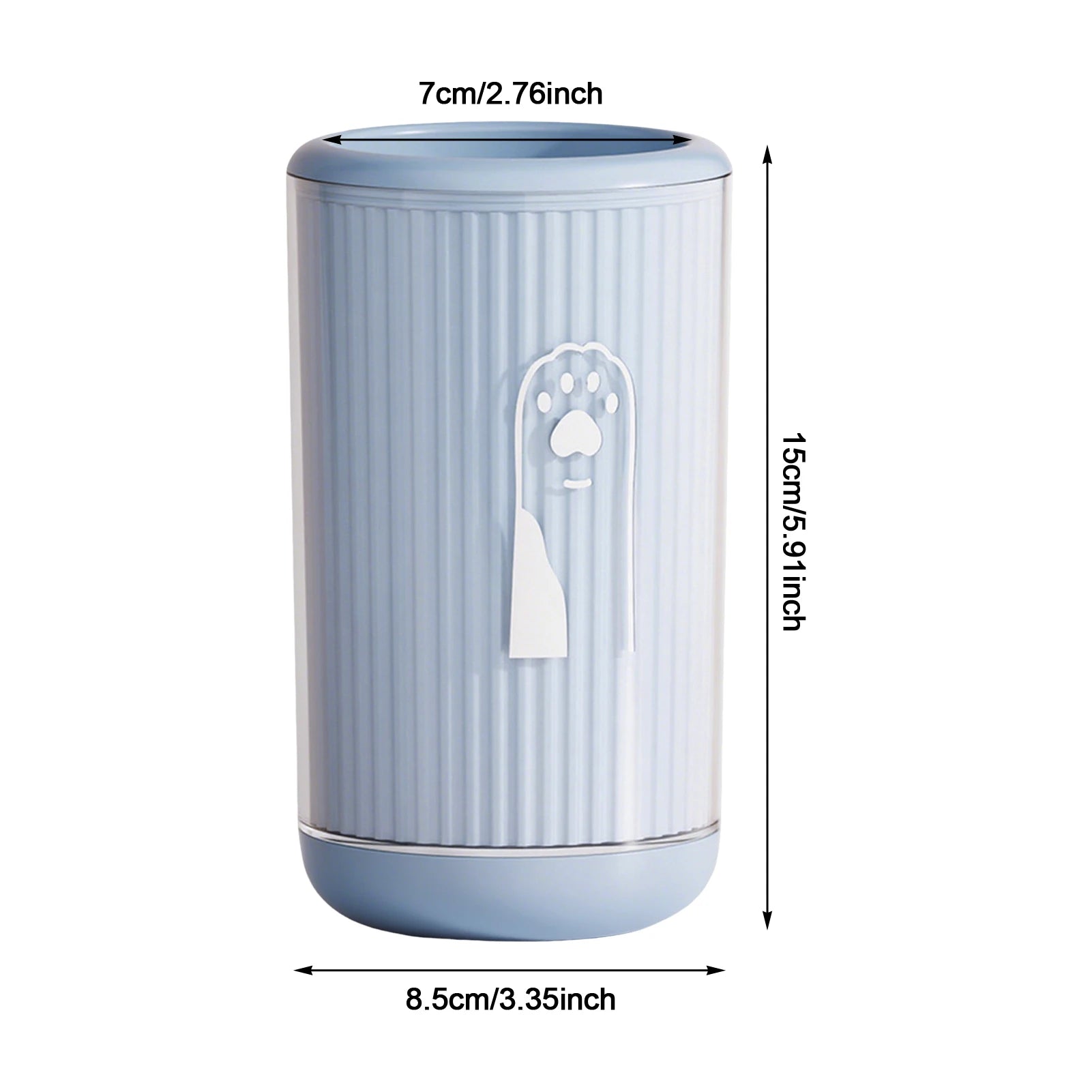 Showlu Smart General Pet Paw Cleaner Cup showing a hand holding the cup and cleaning a dog's paw with water and bristles.