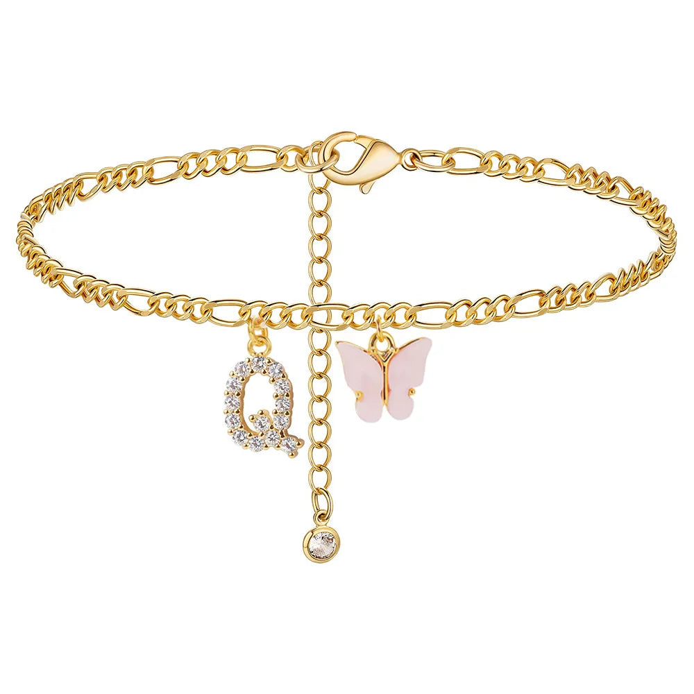 Stainless steel initial A-Z letter anklet with butterfly charm for women, waterproof fashion jewelry, perfect for parties or gifts.