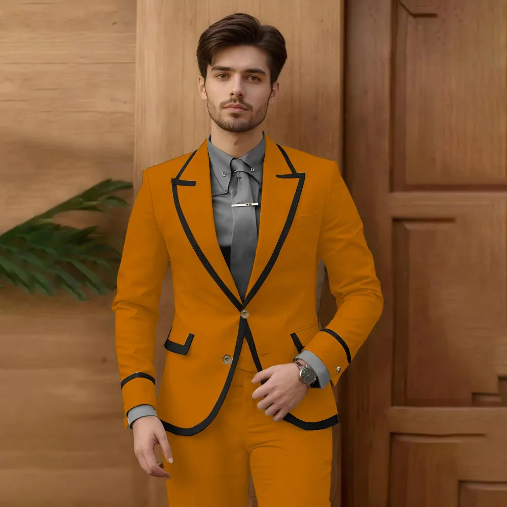 Beige male fashion suit 2-piece set with single-breasted blazer and slim-fit pants, ideal for groomsmen, prom, and wedding tuxedos.