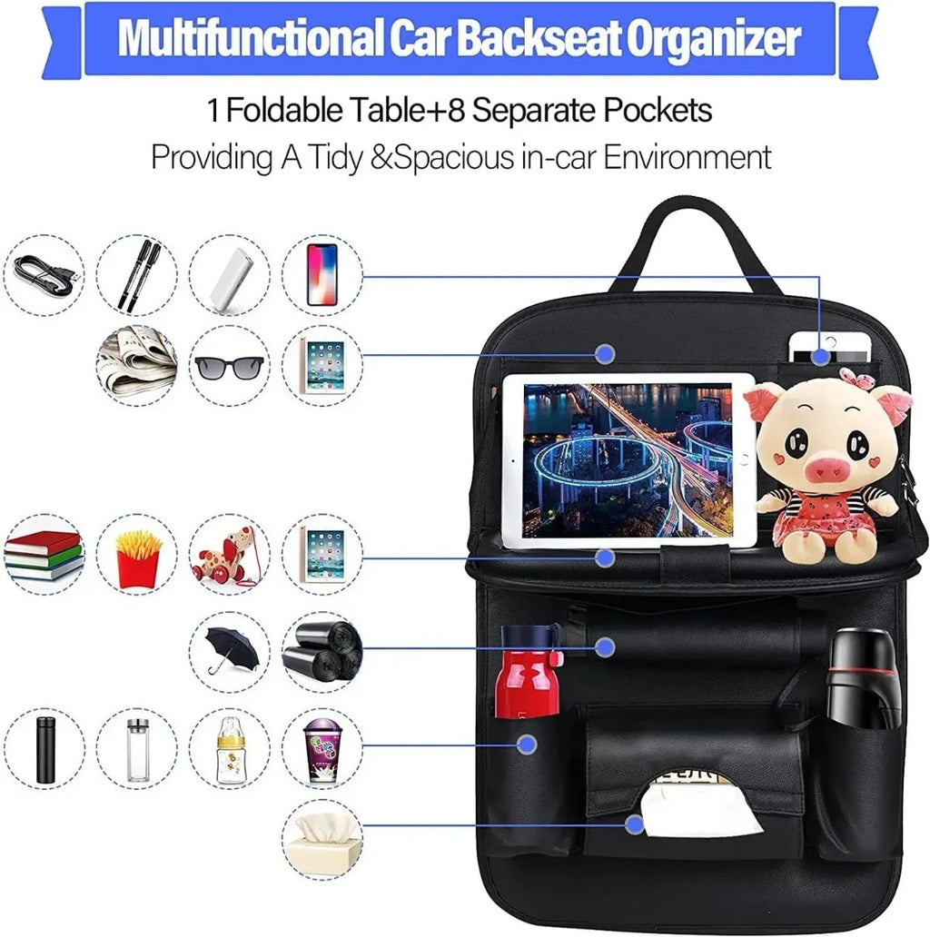 Showlu Smart General car seat organizer with tray, featuring multiple compartments for easy storage and organization in vehicles.