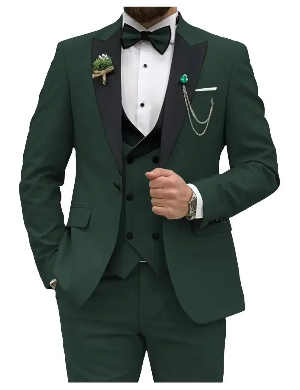 Showlu men's slim fit 3-piece suit with peak lapel, formal business tuxedo, tailored for a sharp, modern look.