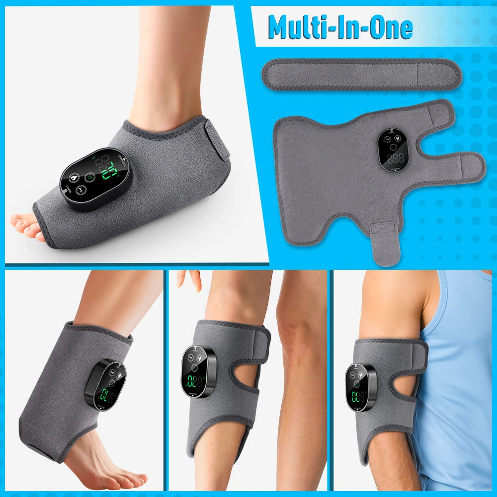 Electric foot and ankle massager with vibration, heating, and adjustable strap for muscle relaxation and winter comfort.