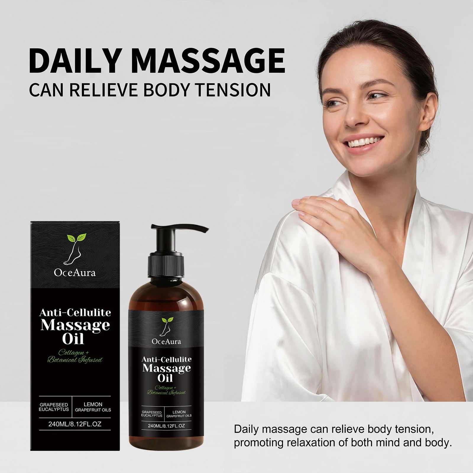OceAura Collagen Body Oil by Showlu Fashion Store, a firming anti-cellulite massage oil with sleek bottle and massage scene.