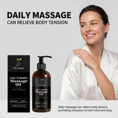 A bottle of OceAura anti-cellulite massage oil with its box next to a smiling woman.