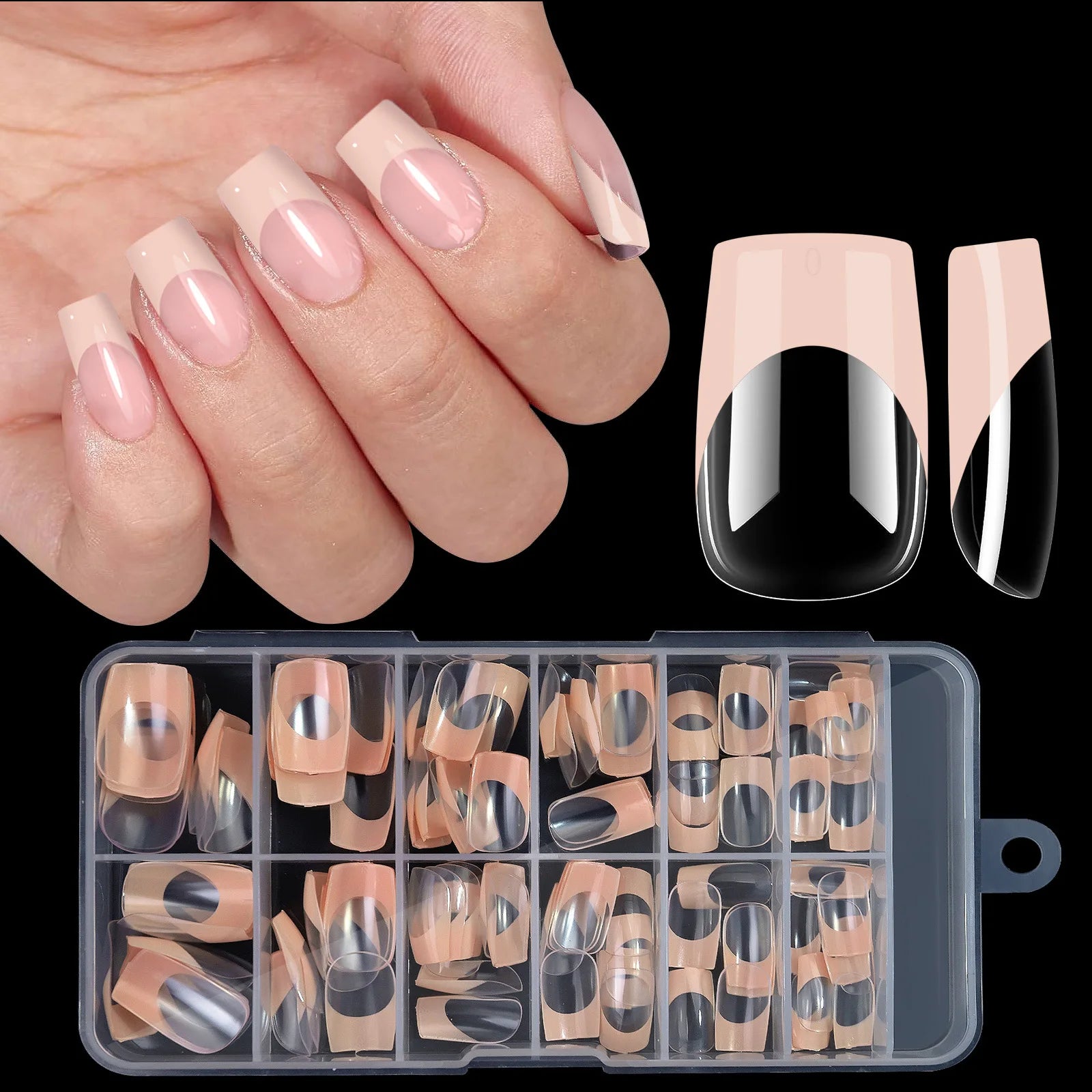 Set of 120 acrylic French false nails with medium square shape, full cover tips, mixed sizes, and removable press-on design.