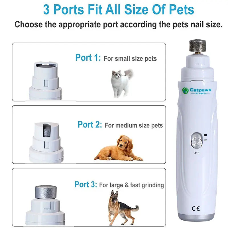 Showlu Fashion Store professional 2-speed dog nail grinder with three ports, USB rechargeable electric pet paw trimmer for dogs of all sizes.
