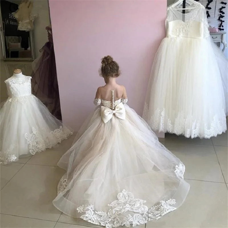 Lace champagne flower girl dress by Showlu Fashion with a ball gown style, floral details, and tutu for special occasions.