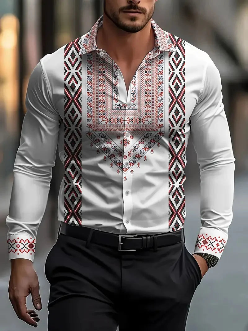 Showlu men's 3D flower printed casual silk long sleeve shirt, stylish and comfortable for everyday wear